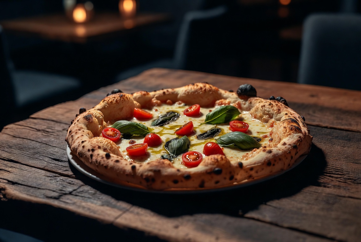 Frisch gebackene Pizza mit Tomaten und Basilikum